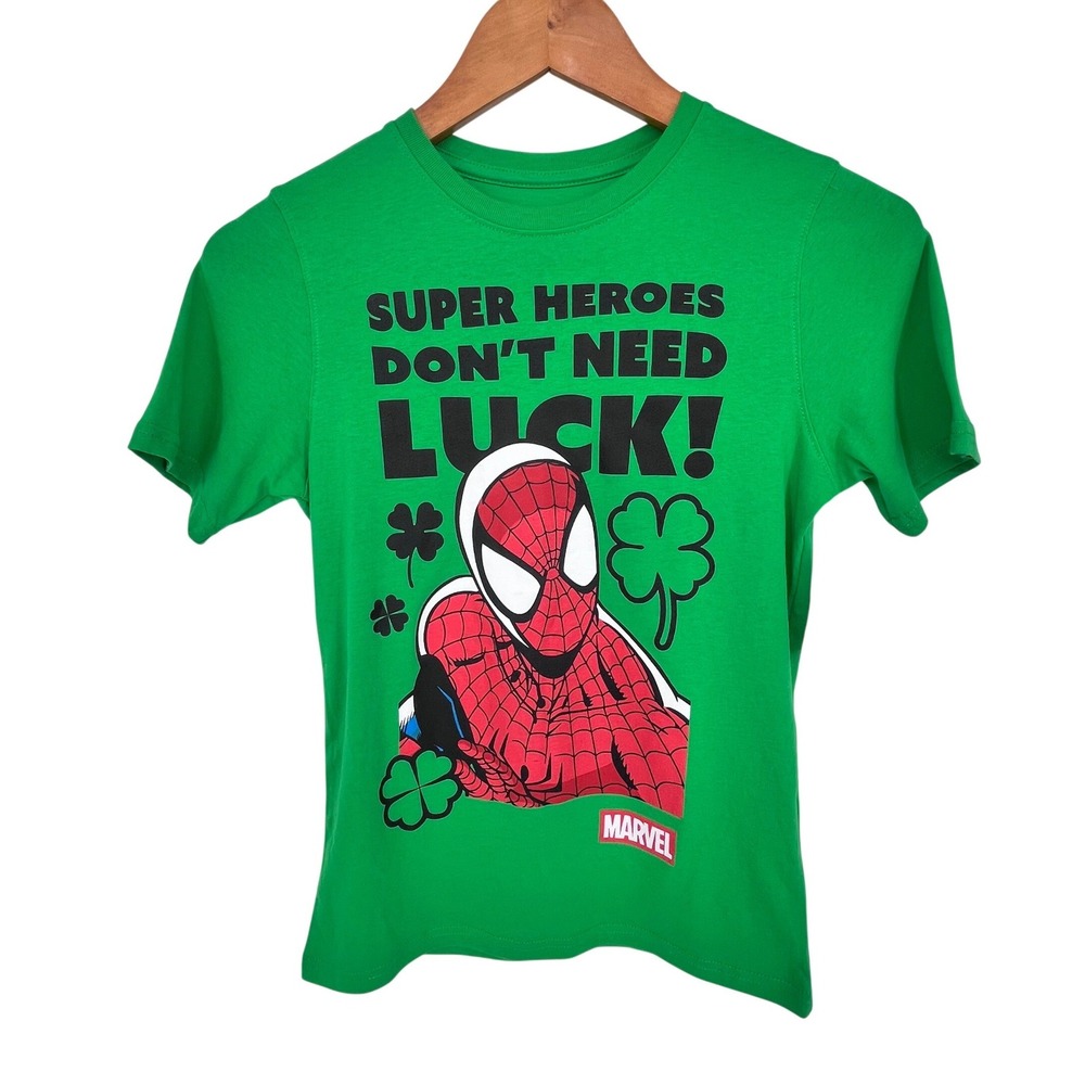 Marvel Spider-Man Graphic Tee Kids Large 10-12 Green St Patricks Day Luck Shirt